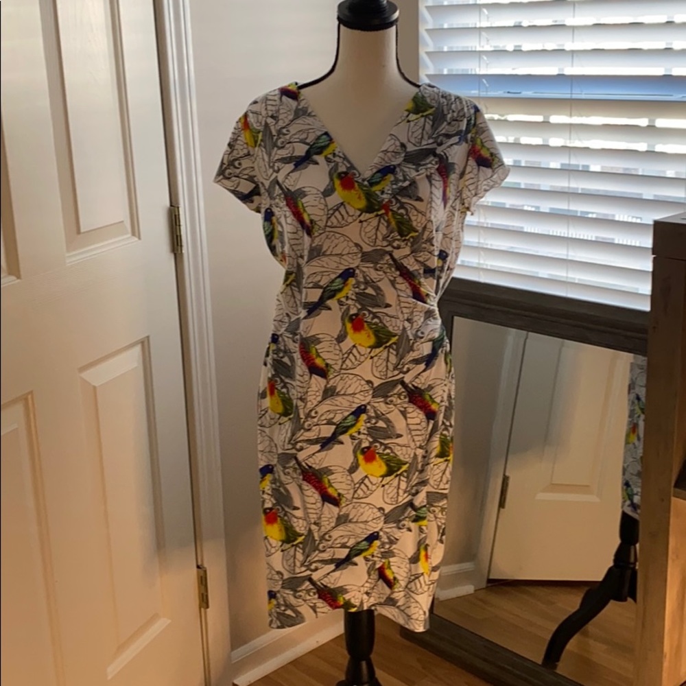 Bird patterned faux wrap dress